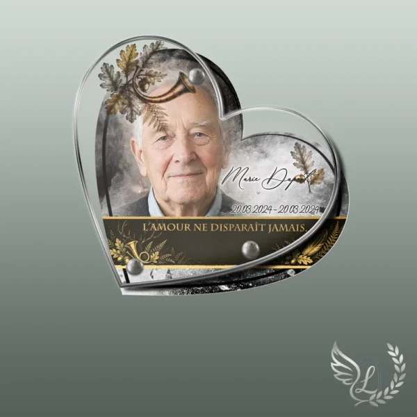 Plaque funéraire cœur chasseur collée sur pierre tombale, double-face professionnel inclus, 1er sous-décor du thème
