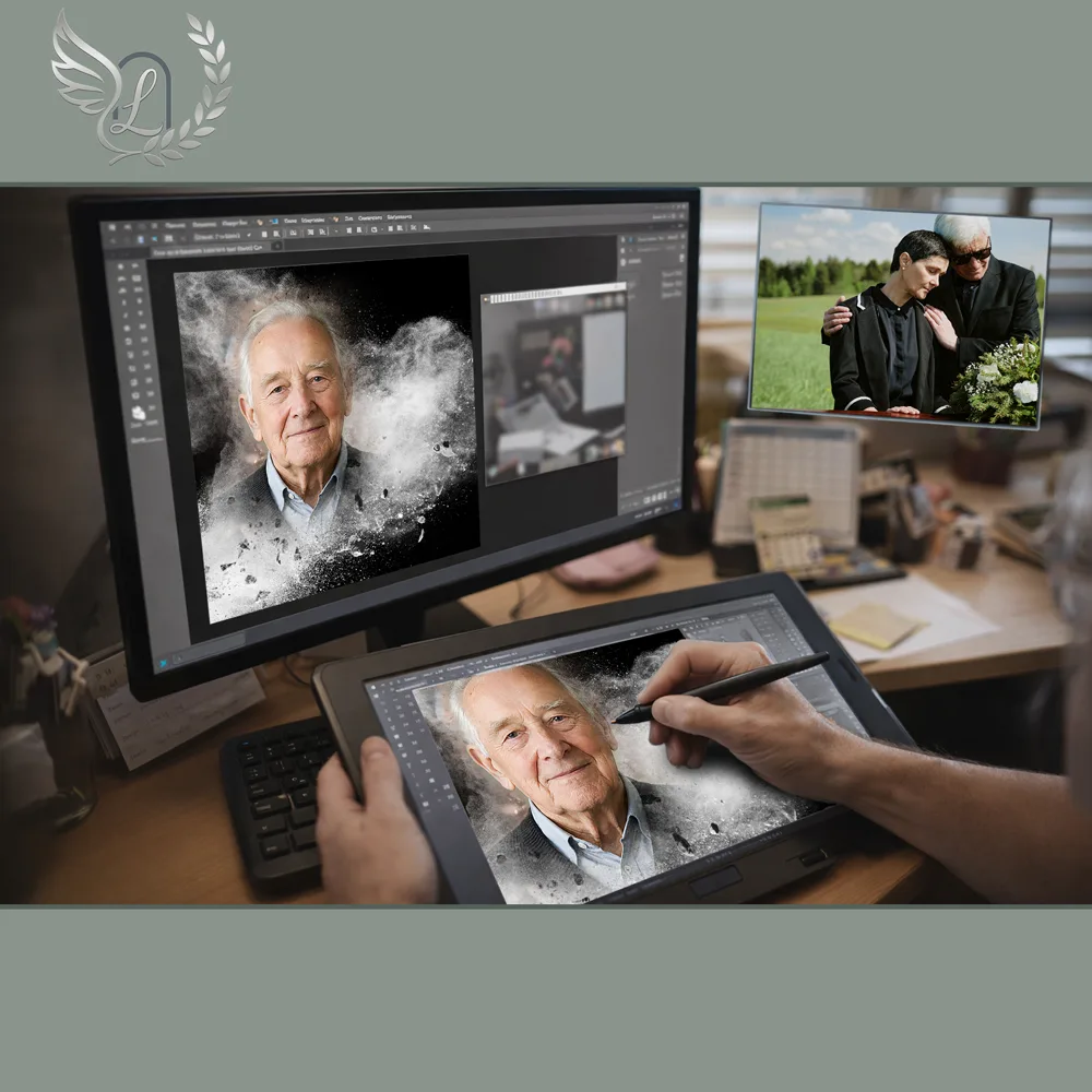Création artistique plaque funéraire Chasseur sur tablette graphique en studio