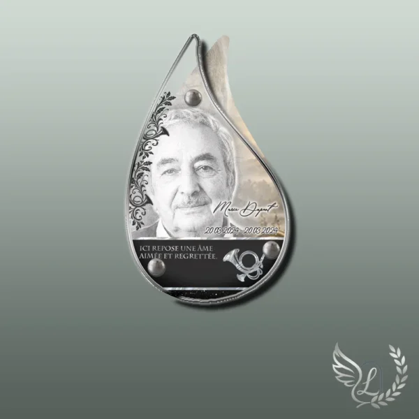 Plaque funéraire flamme chasseur collée sur pierre tombale, double-face professionnel inclus, 1er sous-décor du thème
