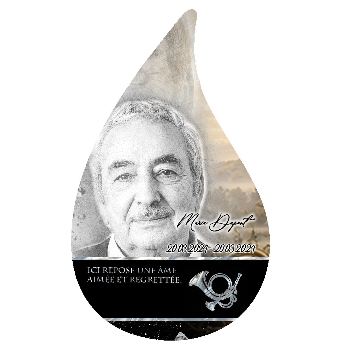Plaque Flamme Chasseur effet Éclat, ambiance complète portrait + fond