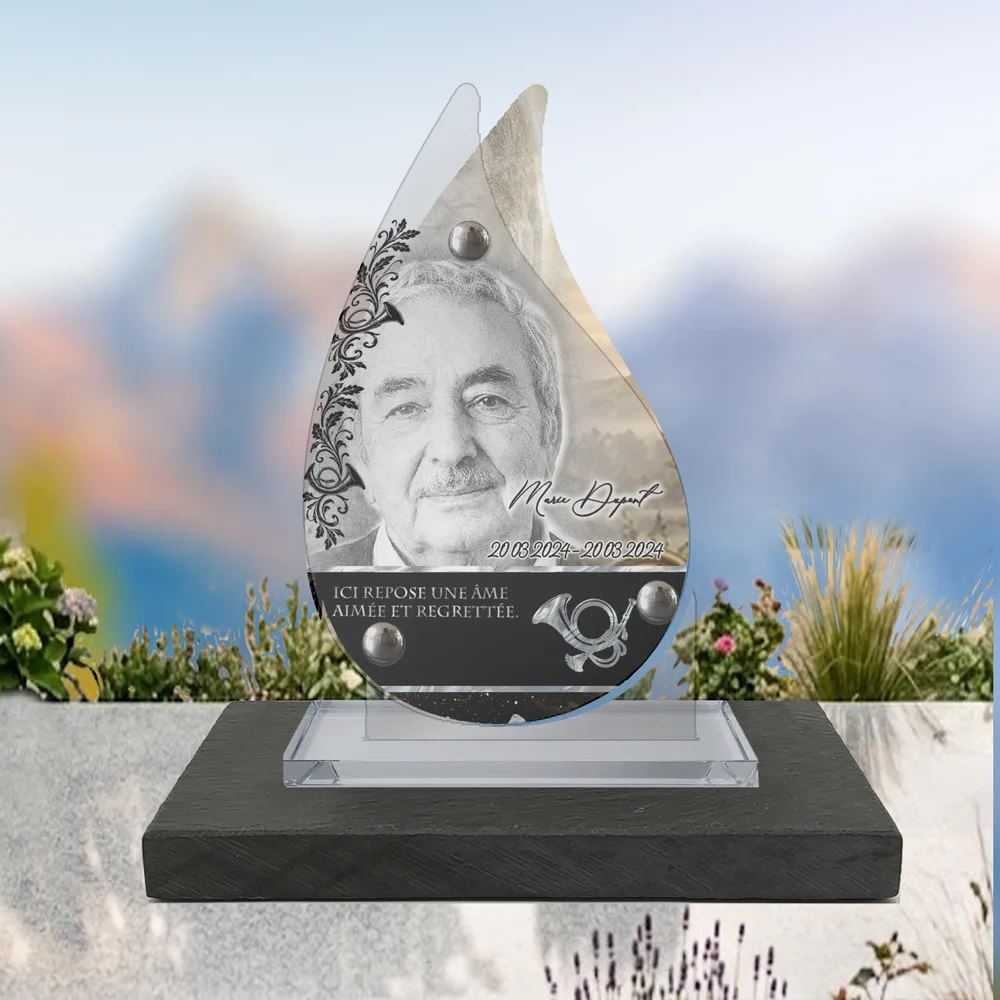 Plaque Flamme Chasseur à poser sur socle ardoise du Brésil