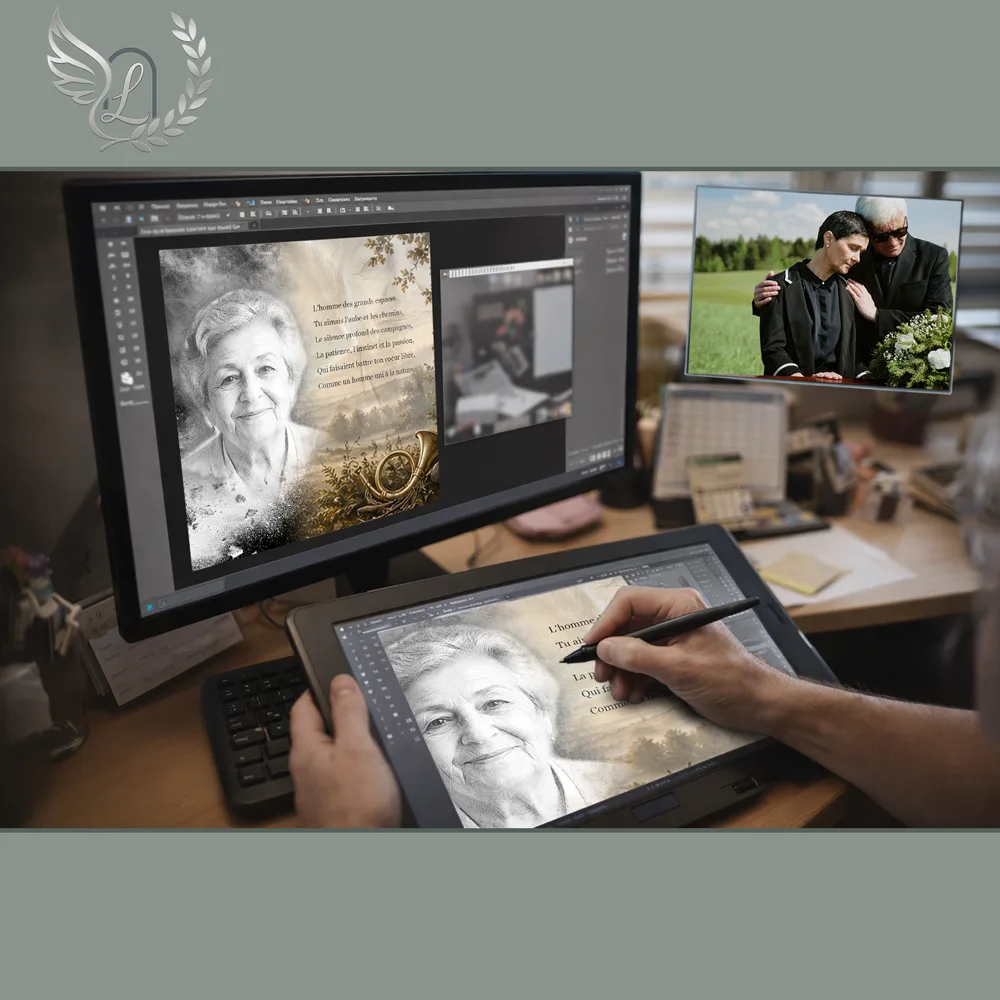 Création artistique plaque funéraire Chasseur sur tablette graphique en studio