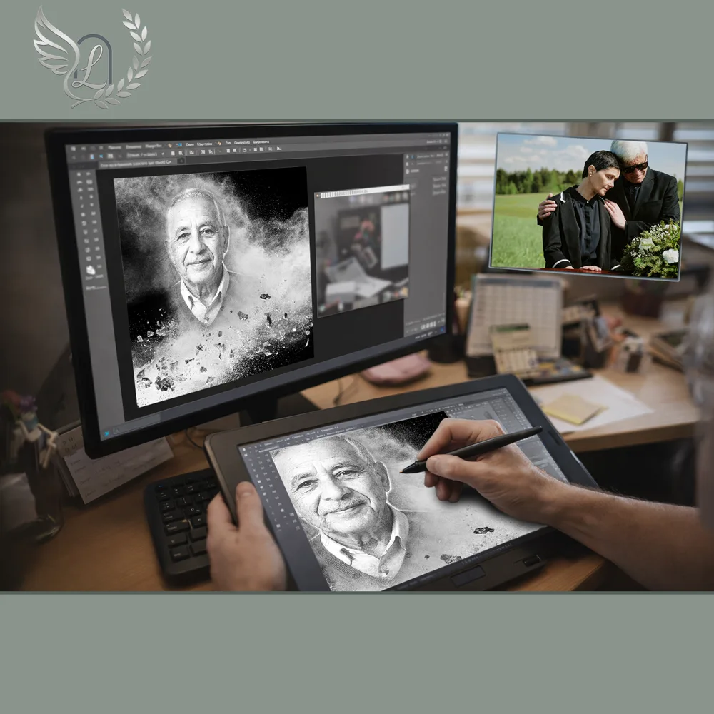 Création artistique plaque funéraire Chasseur sur tablette graphique en studio