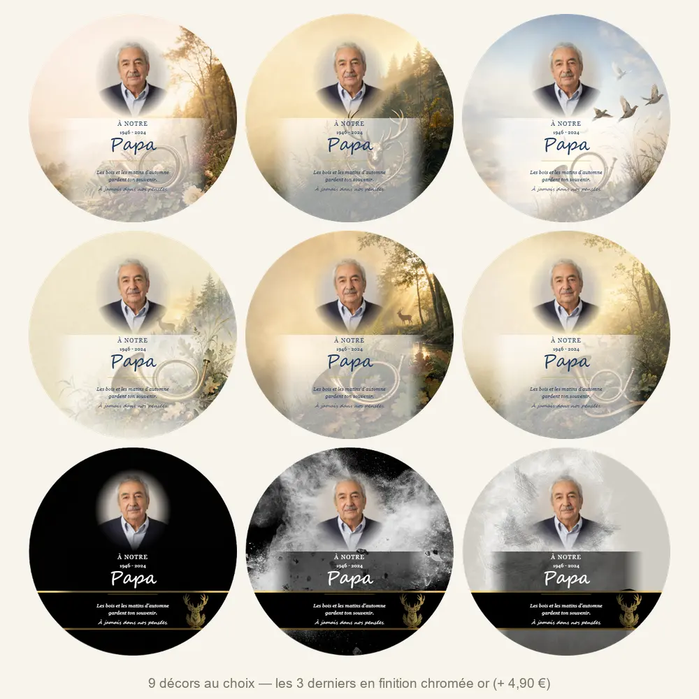 Plaque funéraire circulaire Chasseur — neuf décors de fond au choix