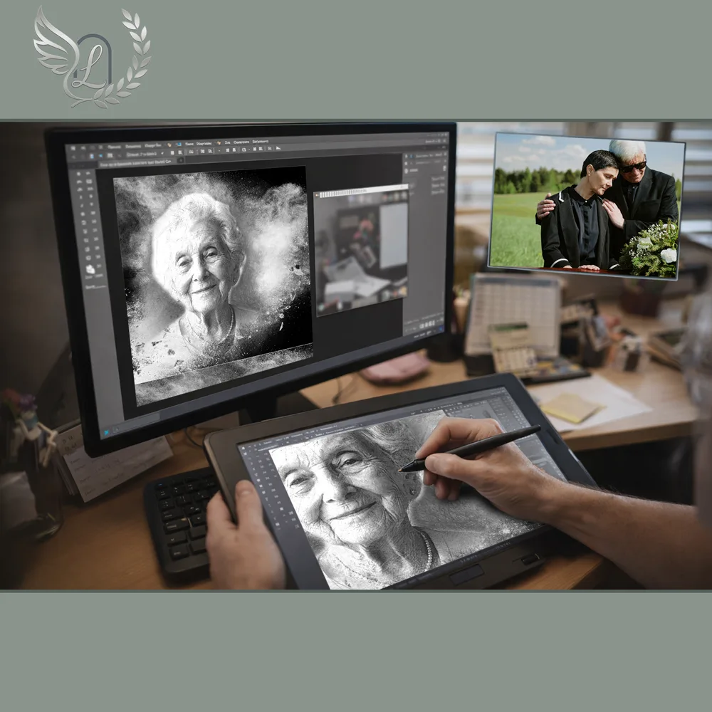 Création artistique plaque funéraire Chasseur sur tablette graphique en studio
