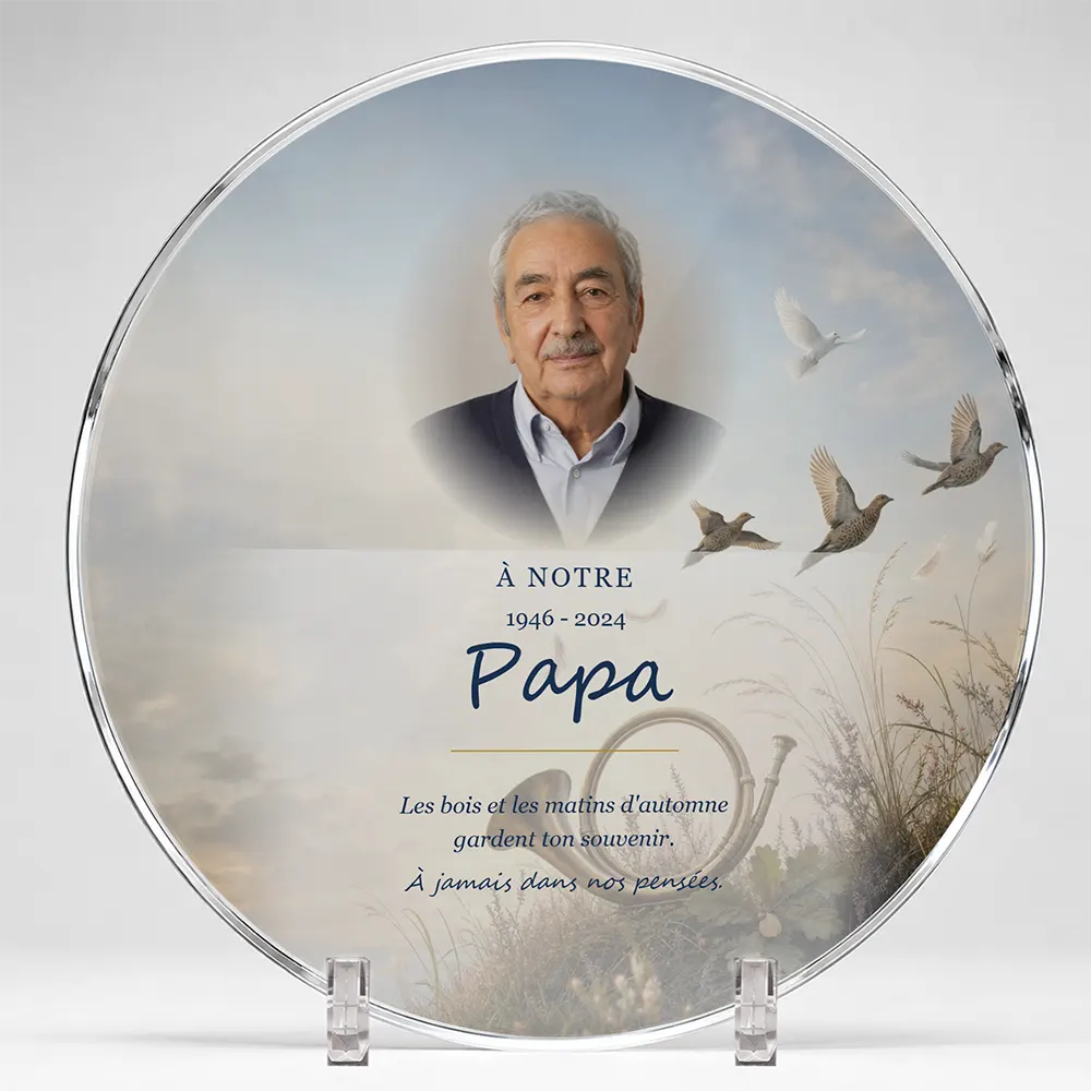 Plaque funéraire circulaire Chasseur personnalisée — portrait, texte libre et fond au choix, présentée sur pied plexi