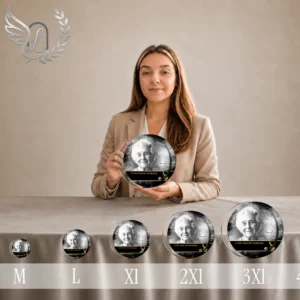 Gamme de plaques funéraires circulaires or personnalisées thème Chasseur, du format mini au format XXL, présentées alignées montrant la progression des tailles avec portrait en noir et blanc