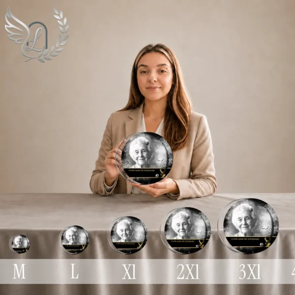 Gamme de plaques funéraires circulaires or personnalisées thème Chasseur, du format mini au format XXL, présentées alignées montrant la progression des tailles avec portrait en noir et blanc