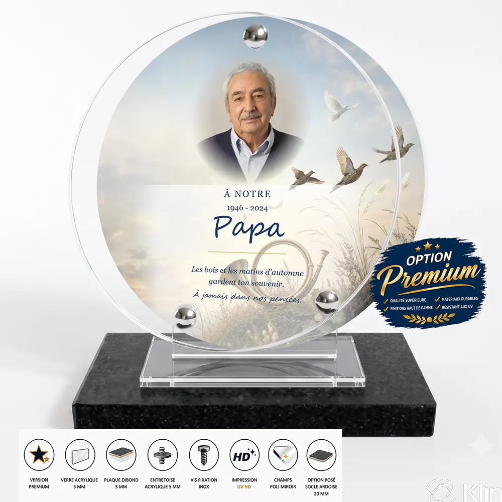 Plaque funéraire circulaire Chasseur finition premium présentée sur socle en ardoise