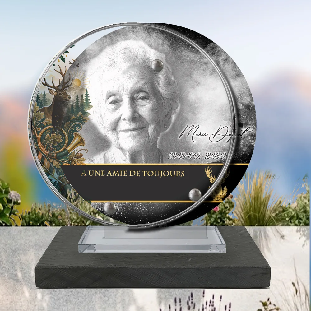 Plaque Circulaire Chasseur à poser sur socle ardoise du Brésil
