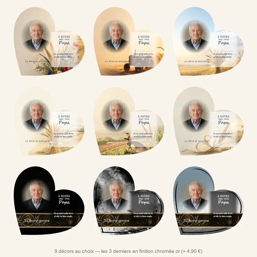 Plaque funéraire cœur Agriculteur — neuf décors de fond au choix