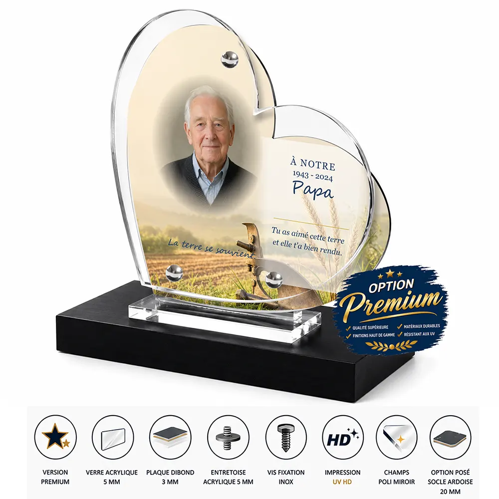 Plaque funéraire cœur Agriculteur finition premium présentée sur socle en ardoise