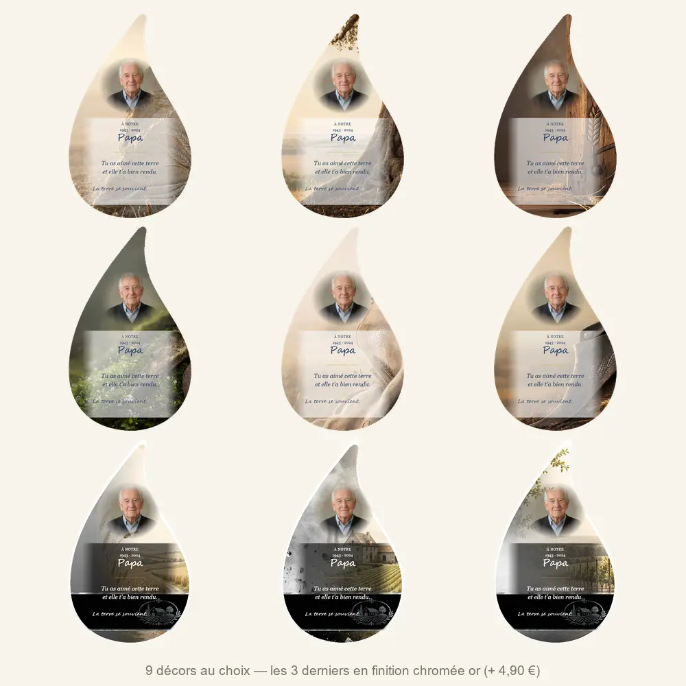 Plaque funéraire flamme Agriculteur — neuf décors de fond au choix