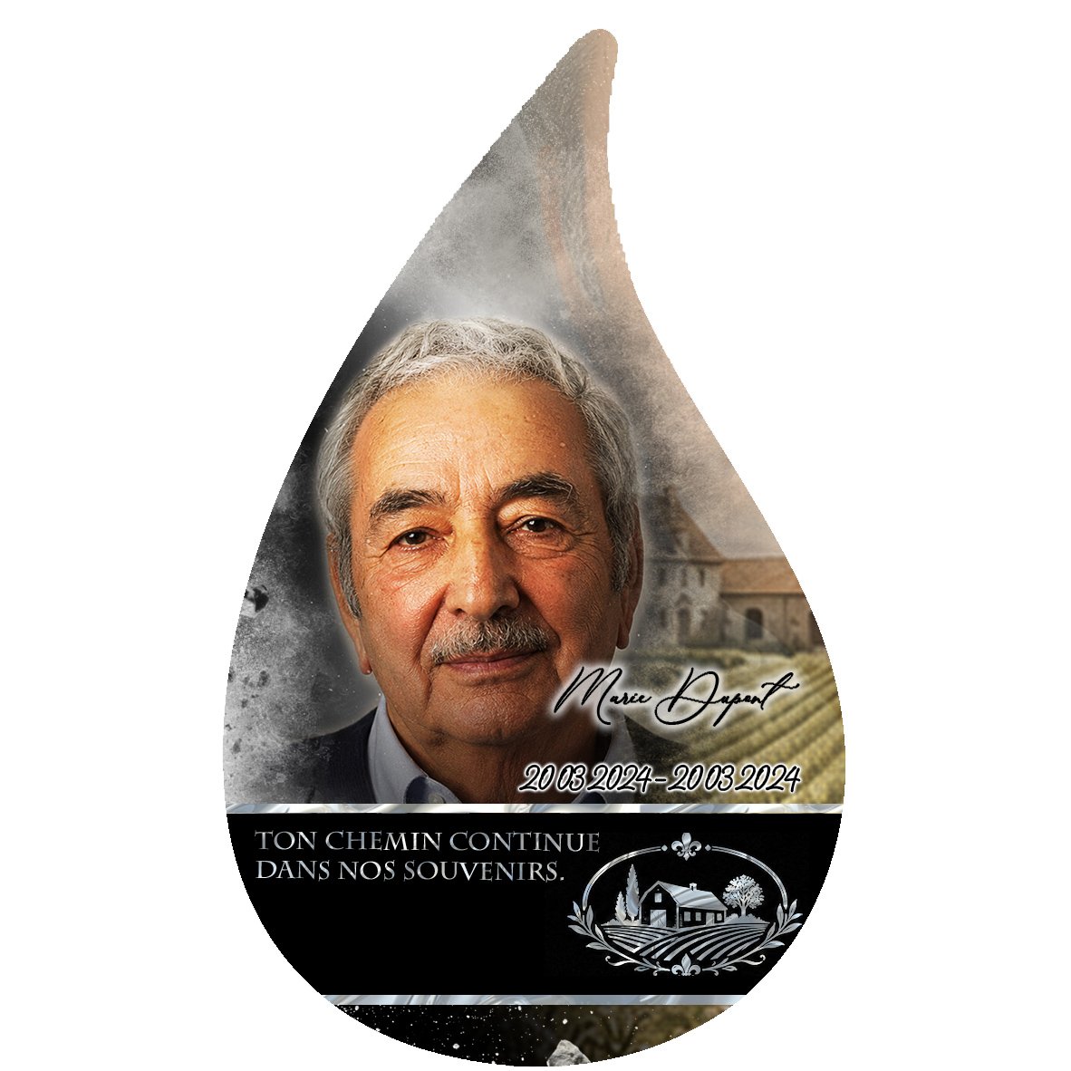 Plaque Flamme Agriculteur effet Éclat, ambiance complète portrait + fond