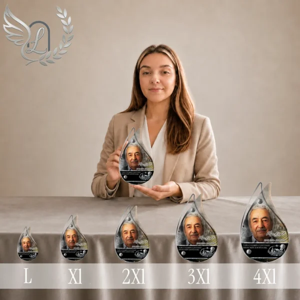 Gamme de plaques funéraires flamme argenté avec portrait agriculteur, présentées du format L au 4XL, finition chrome brillant, motifs épis blé