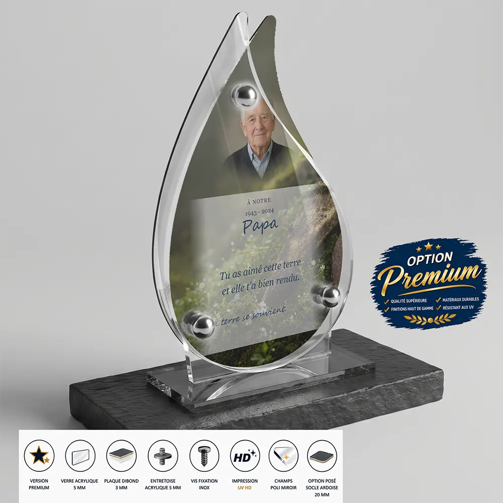 Plaque funéraire flamme Agriculteur finition premium présentée sur socle en ardoise