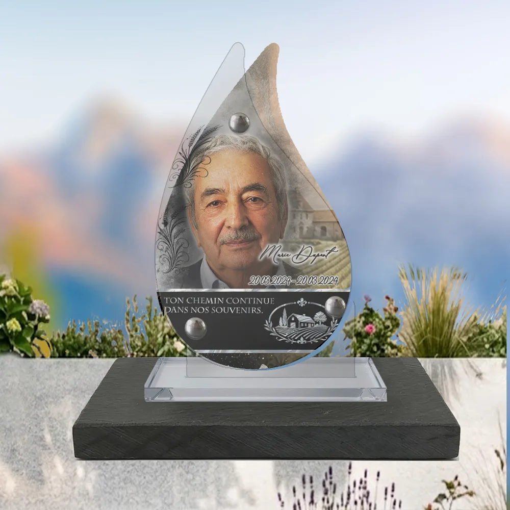Plaque Flamme Agriculteur à poser sur socle ardoise du Brésil