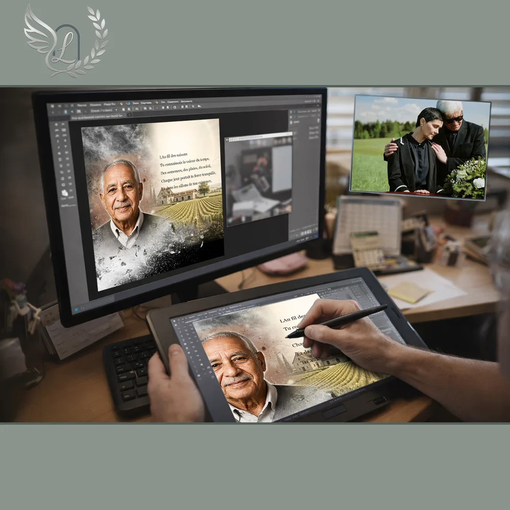 Création artistique plaque funéraire Agriculteur sur tablette graphique en studio