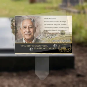 Plaque funéraire panoramique agriculteur plantée par appendice plexiglas, sol meuble ou pot, 1er sous-décor