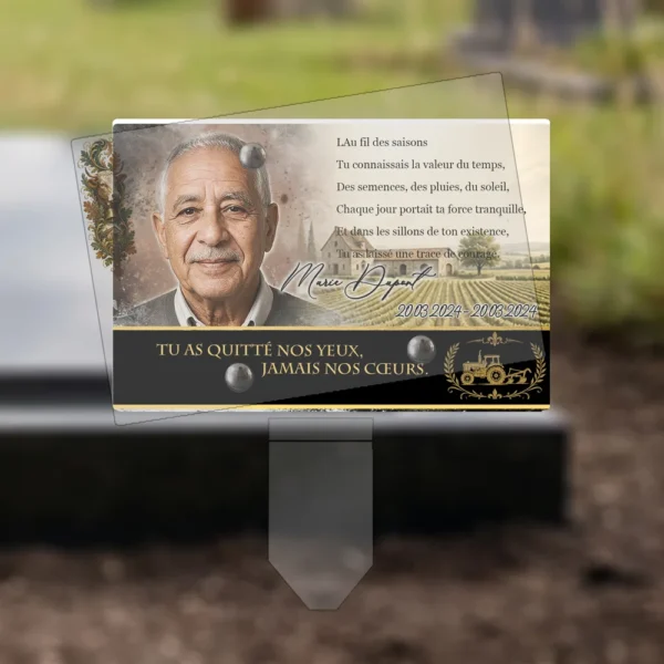 Plaque funéraire panoramique agriculteur plantée par appendice plexiglas, sol meuble ou pot, 1er sous-décor