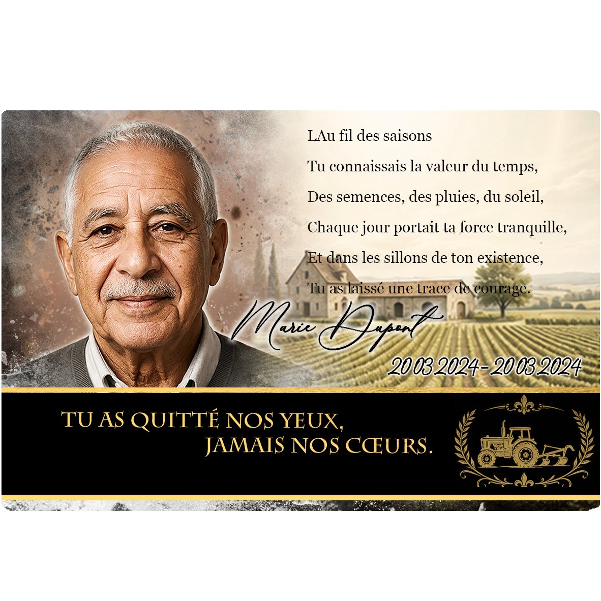 Plaque Panoramique Agriculteur effet Éclat, ambiance complète portrait + fond