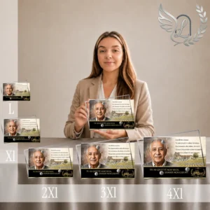 Gamme complète de plaques funéraires panoramiques avec portrait d'agriculteur, finition chrome or, plusieurs formats 2XL 3XL 4XL, motif épis de blé, texte français, présentées côte à côte
