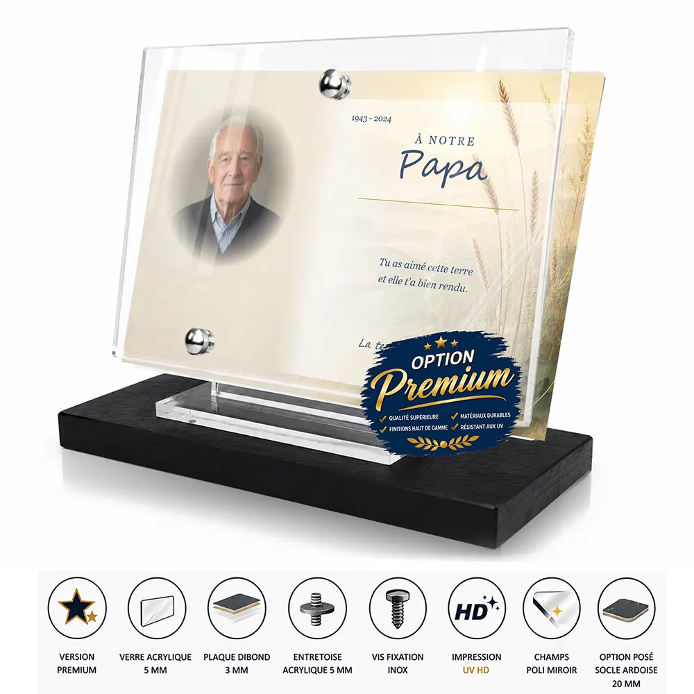 Plaque funéraire panoramique Agriculteur finition premium présentée sur socle en ardoise