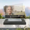 Plaque funéraire panoramique agriculteur posée sur socle ardoise du Brésil, fixation inox, 1er sous-décor