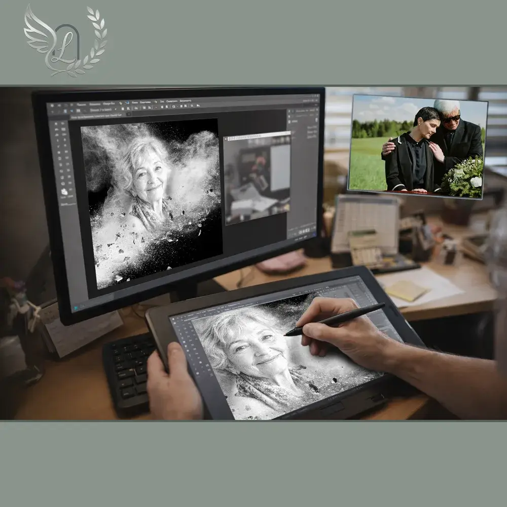 Création artistique plaque funéraire Agriculteur sur tablette graphique en studio
