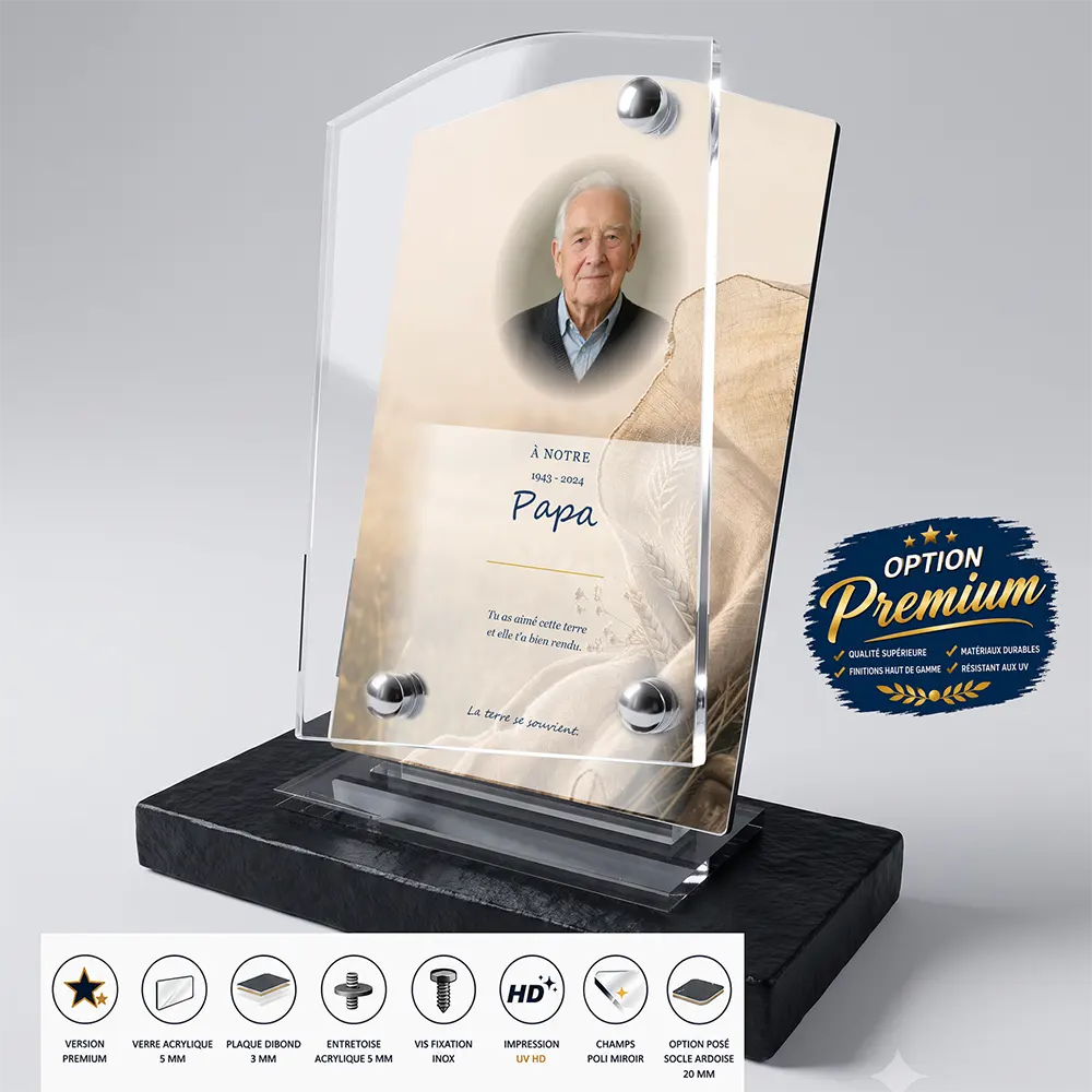 Plaque funéraire stèle Agriculteur finition premium présentée sur socle en ardoise