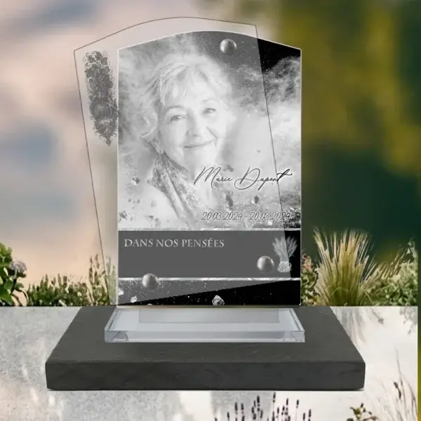 Plaque funéraire rectangle agriculteur posée sur socle ardoise du Brésil, fixation inox, 1er sous-décor