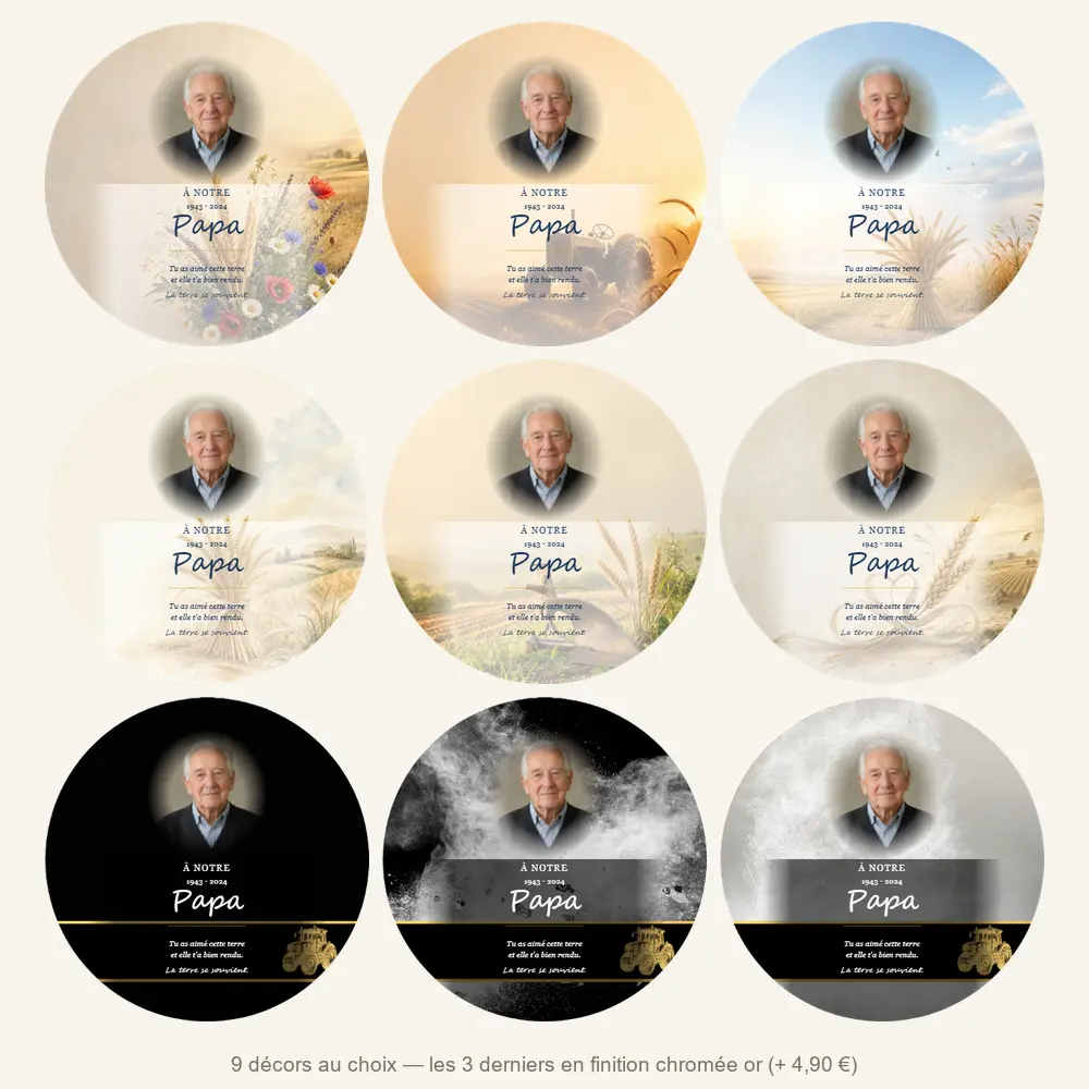 Plaque funéraire circulaire Agriculteur — neuf décors de fond au choix