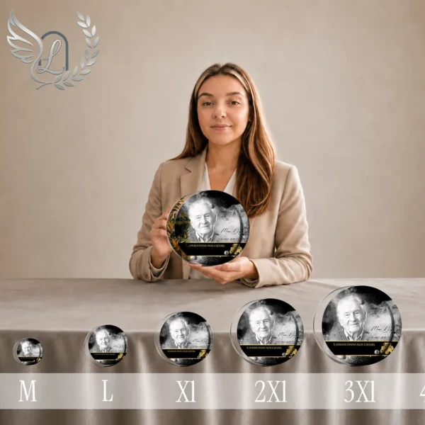 Gamme de plaques funéraires circulaires en plexiglas finition or, présentées du format M au 3XL, avec portrait noir et blanc d'un agriculteur et lauriers dorés