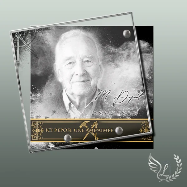 Plaque funéraire carré artisan collée sur pierre tombale, double-face professionnel inclus, 1er sous-décor du thème