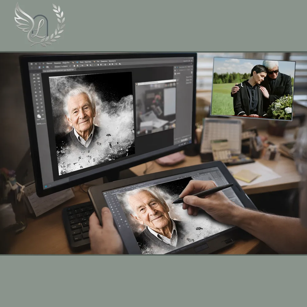 Création artistique plaque funéraire Artisan sur tablette graphique en studio