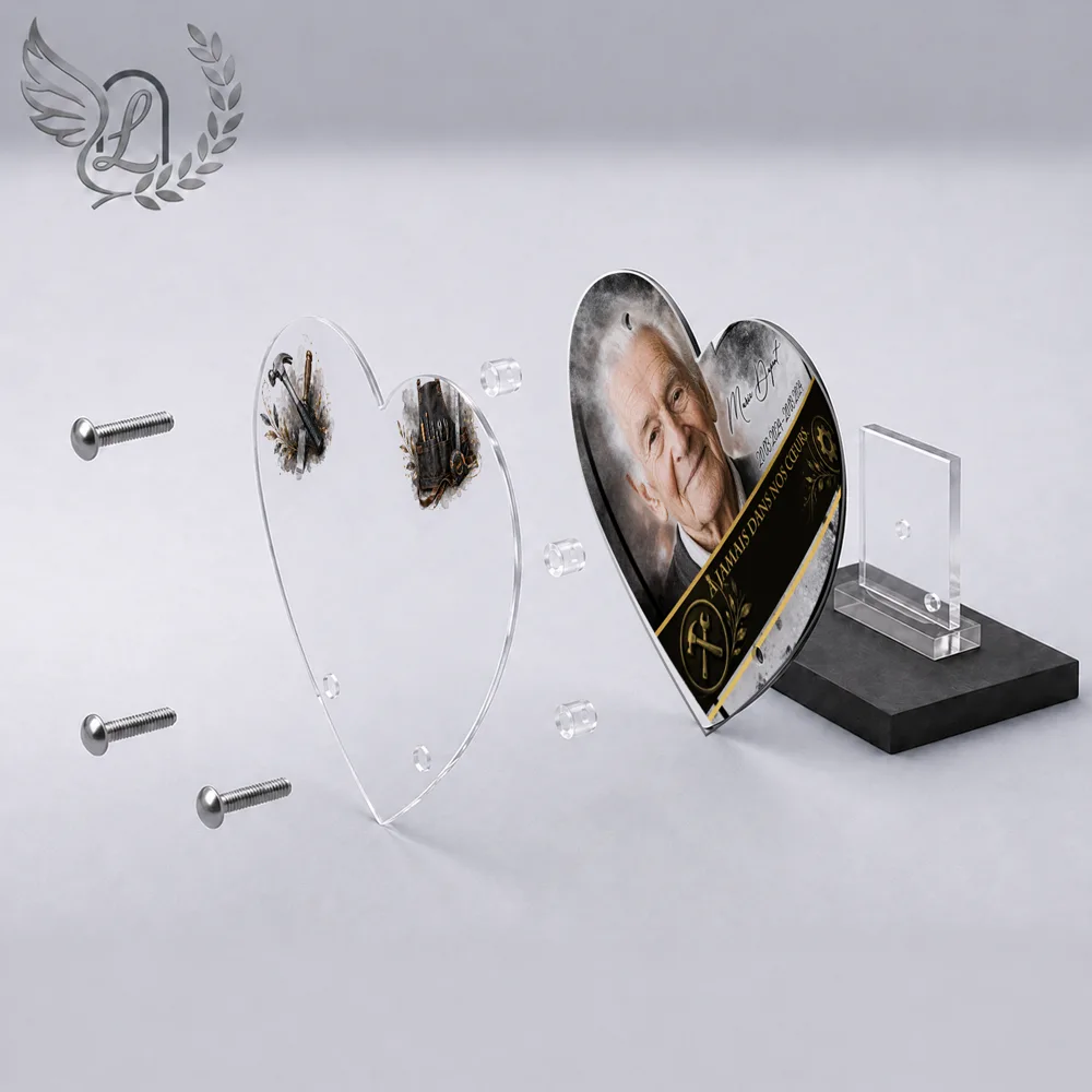 Vue éclatée plaque funéraire Cœur Artisan : construction sandwich plexi imprimé miroir, 3 entretoises, dibond et bloc ardoise