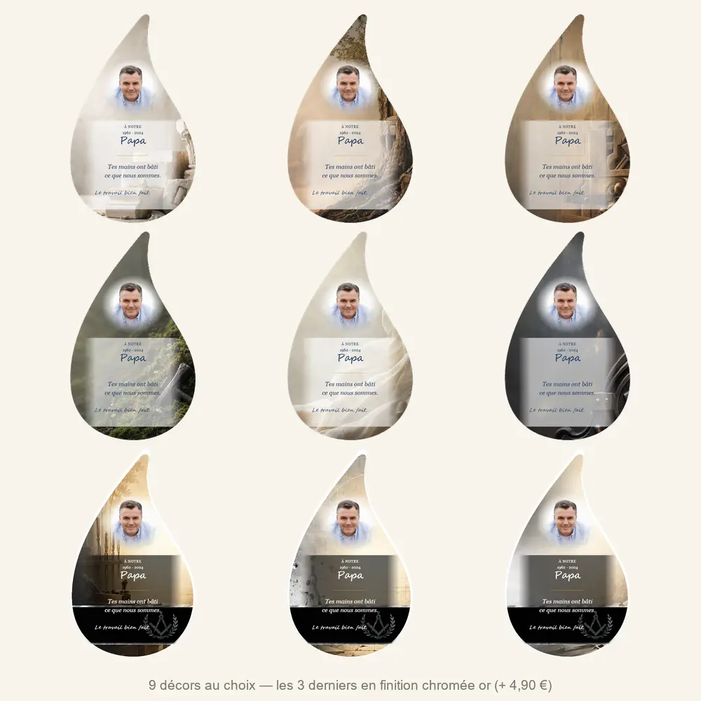 Plaque funéraire flamme Artisan — neuf décors de fond au choix