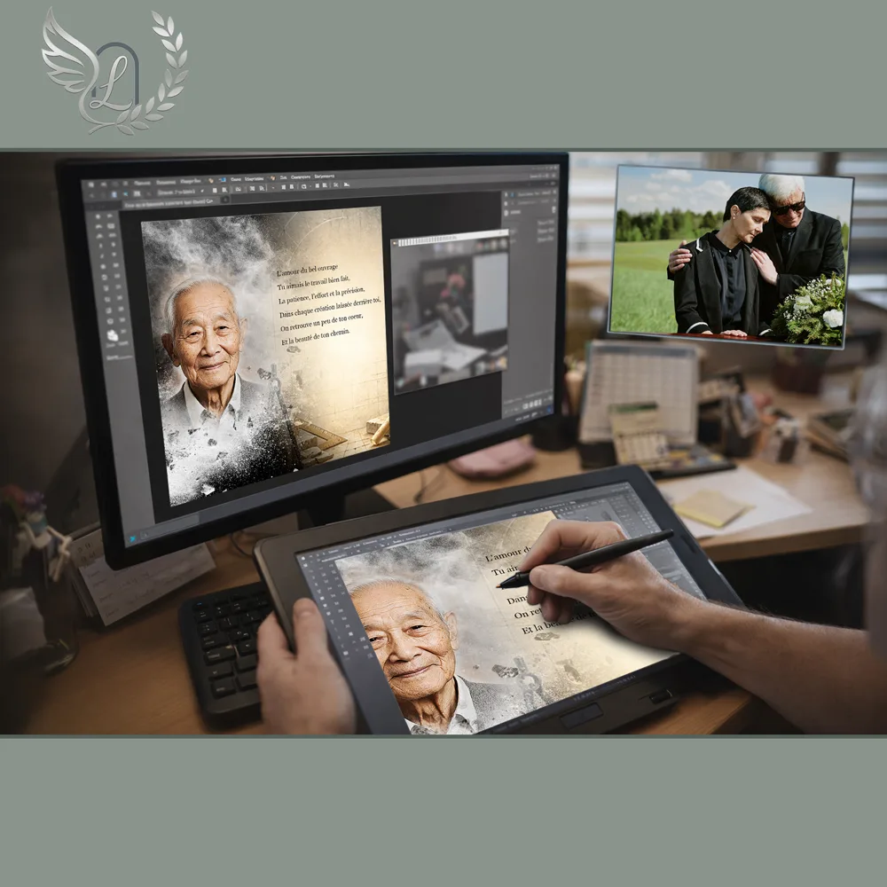 Création artistique plaque funéraire Artisan sur tablette graphique en studio