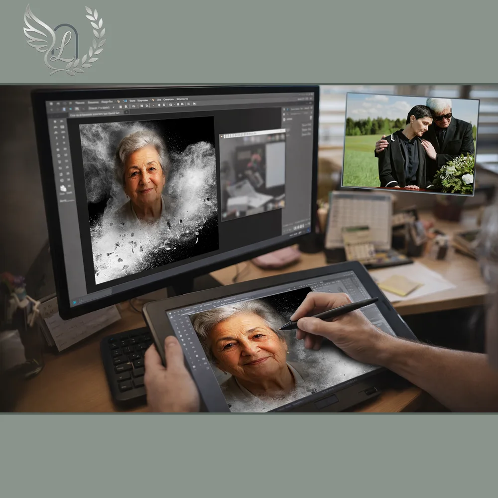 Création artistique plaque funéraire Artisan sur tablette graphique en studio