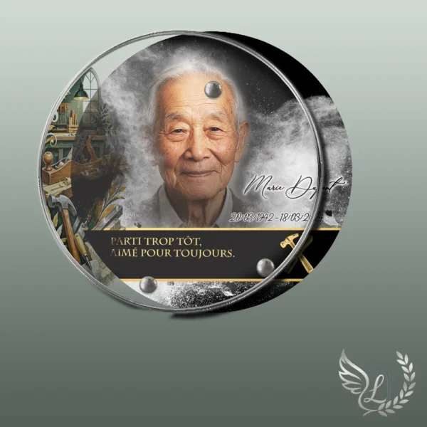 Plaque funéraire médaillon rond artisan collée sur pierre tombale, double-face professionnel inclus, 1er sous-décor du thème