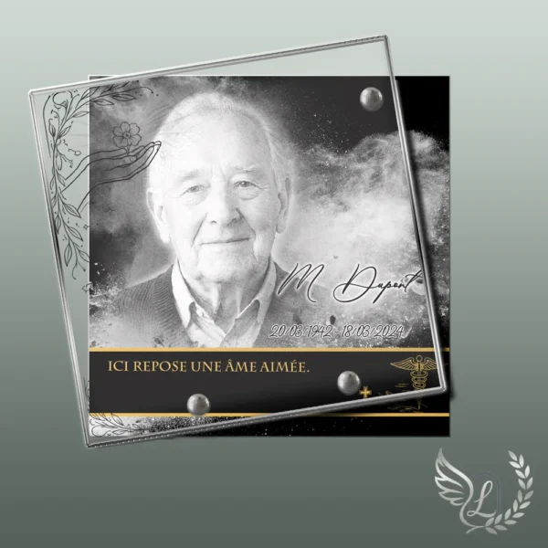 Plaque funéraire carré soignant collée sur pierre tombale, double-face professionnel inclus, 1er sous-décor du thème