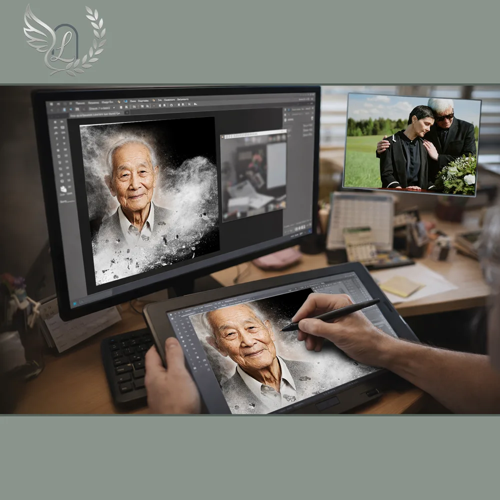 Création artistique plaque funéraire Soignant sur tablette graphique en studio