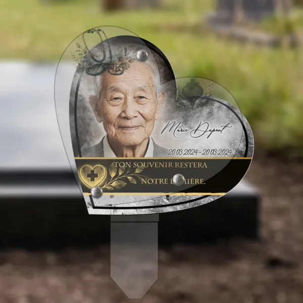 Plaque funéraire cœur soignant plantée par appendice plexiglas, sol meuble ou pot, 1er sous-décor