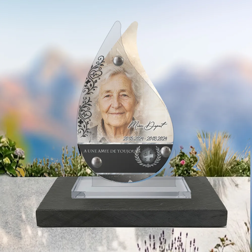 Plaque Flamme Soignant à poser sur socle ardoise du Brésil