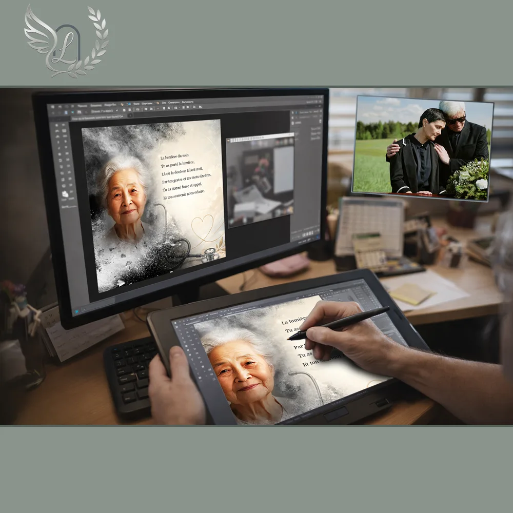 Création artistique plaque funéraire Soignant sur tablette graphique en studio