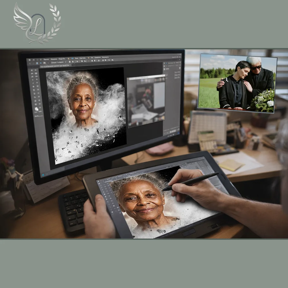 Création artistique plaque funéraire Soignant sur tablette graphique en studio