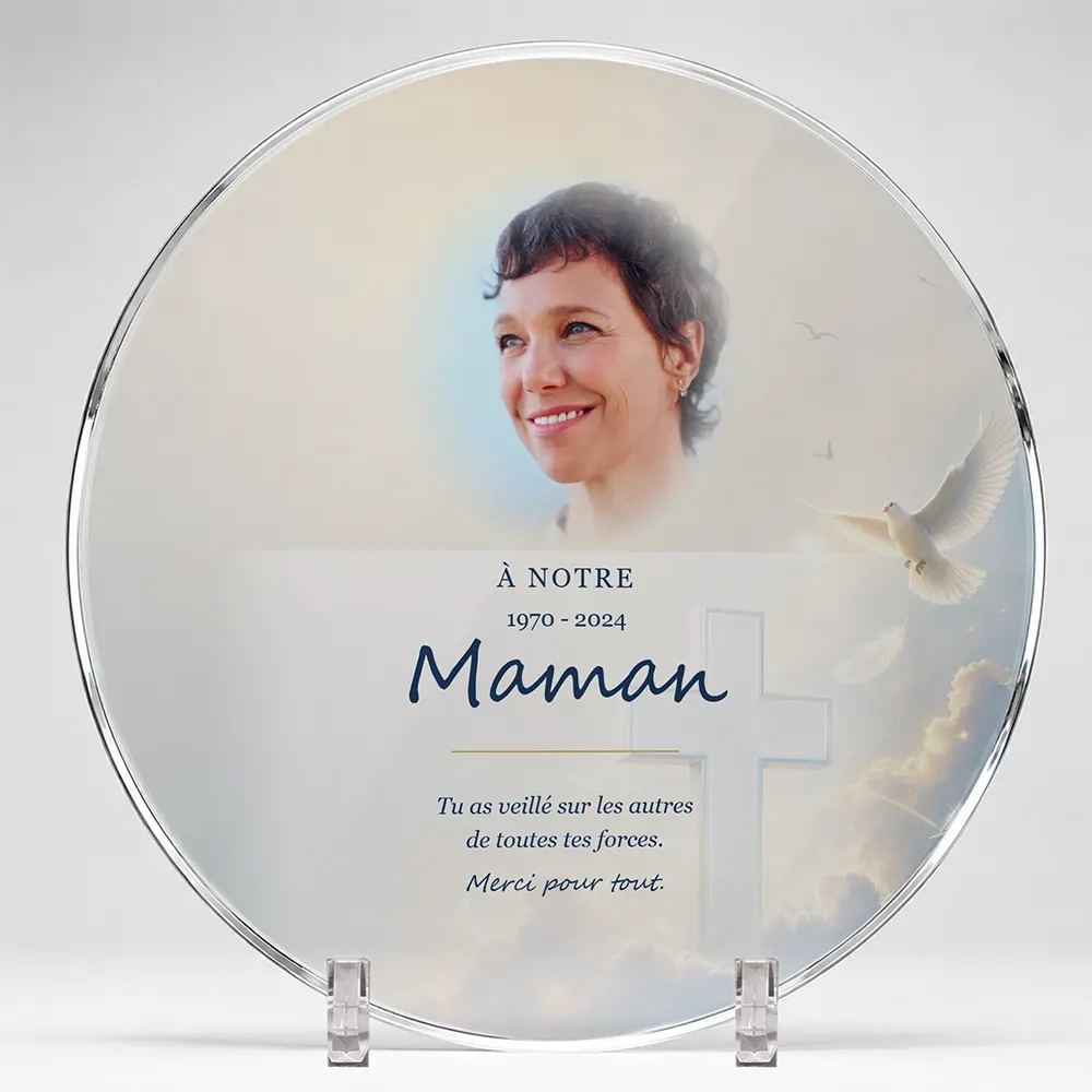 Plaque funéraire circulaire Soignant personnalisée — portrait, texte libre et fond au choix, présentée sur pied plexi