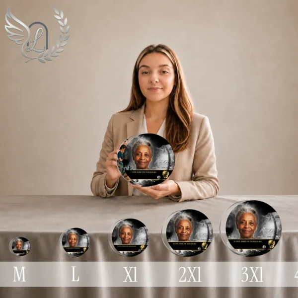 Gamme de plaques funéraires circulaires en plexiglas finition or, du format M au 3XL, présentant un portrait de soignante avec inscription A une âme de toujours, disposées côte à côte pour comparaison des tailles