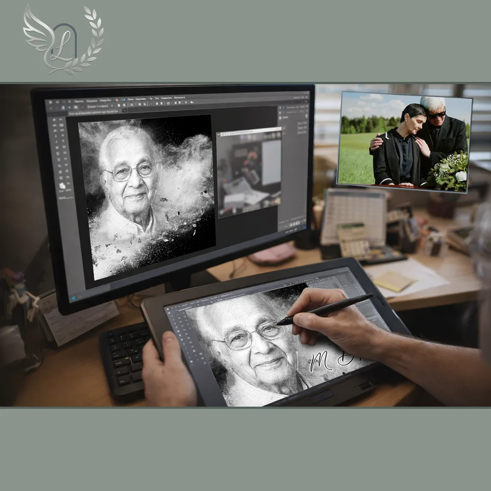 Création artistique plaque funéraire Enseignant sur tablette graphique en studio