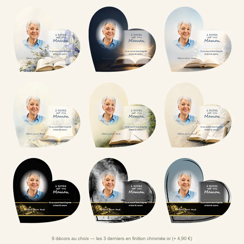 Plaque funéraire cœur Enseignant — neuf décors de fond au choix